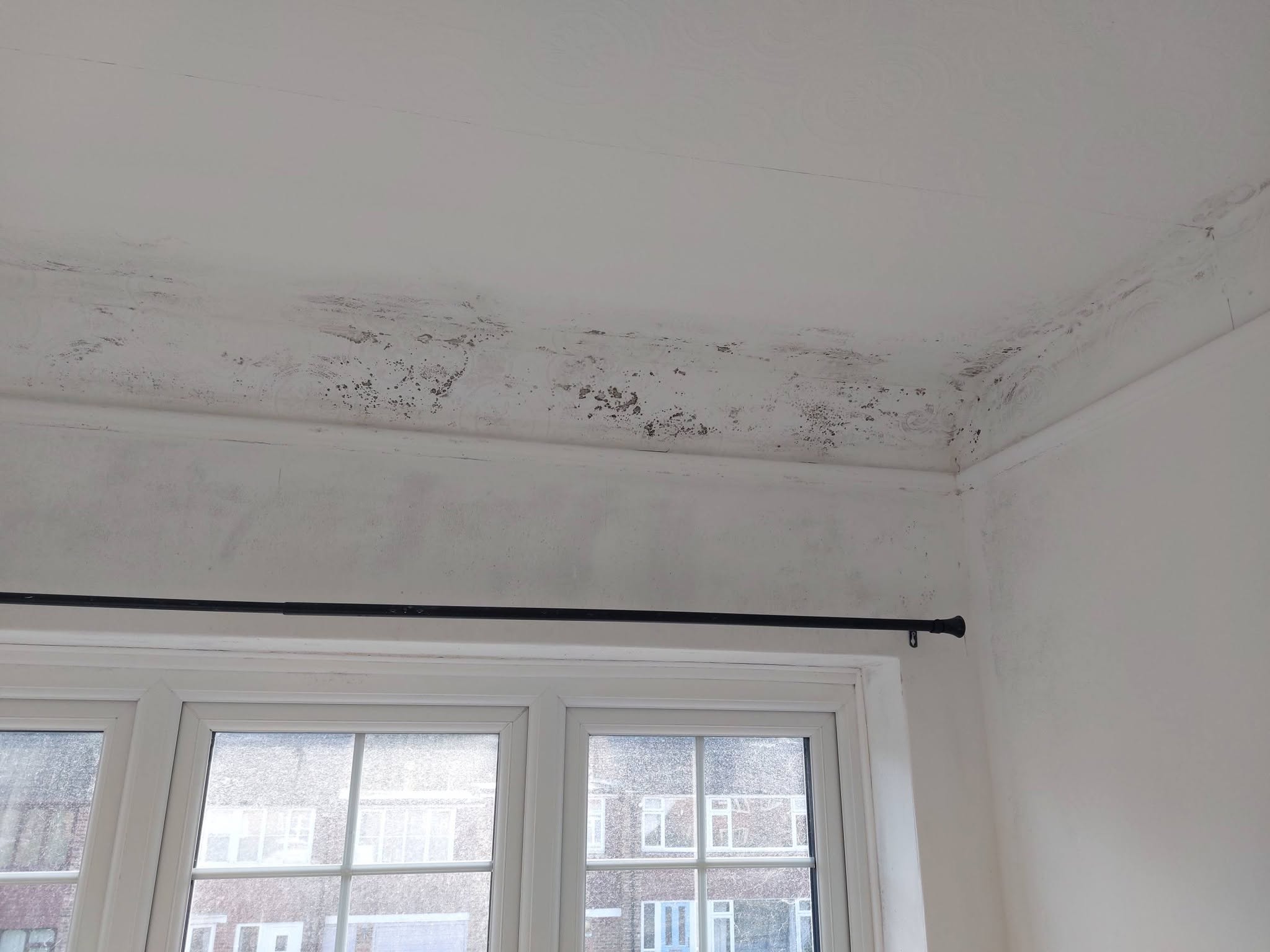 Mold-like spotting around a ceiling and wall above a window before cleanup