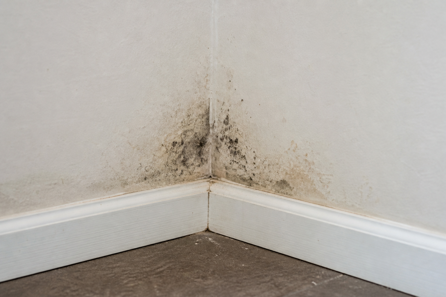 Wall corner with localized mold-like spotting and water staining before remediation